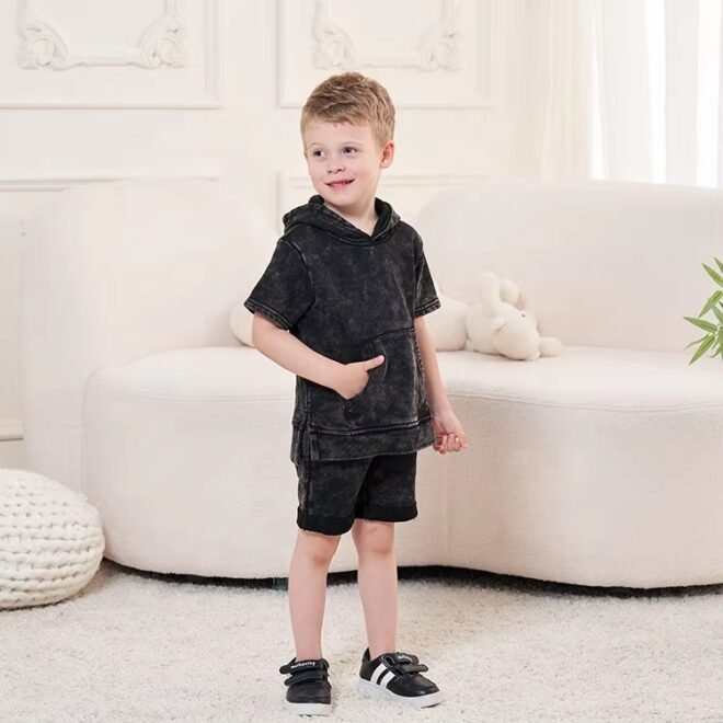 Custom Acid Wash Children short sleeve and hoodie set - Image 3
