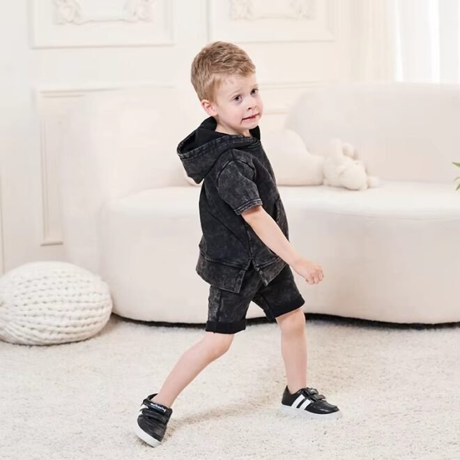 Custom Acid Wash Children short sleeve and hoodie set - Image 5