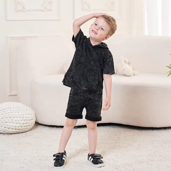 Custom Acid Wash Children short sleeve and hoodie set - Image 6