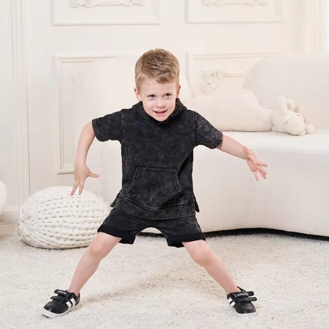 Custom Acid Wash Children short sleeve and hoodie set - Image 2