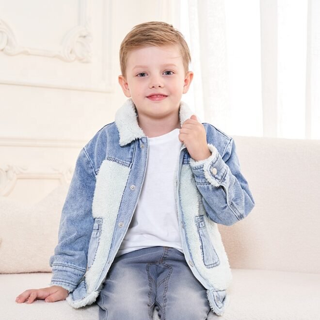 Winter Trend Warm Kids Comfortable LambsWool Outwear Blue Wash Denim Coats Boys Jacket - Image 2