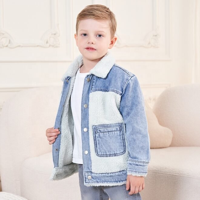 Winter Trend Warm Kids Comfortable LambsWool Outwear Blue Wash Denim Coats Boys Jacket - Image 3