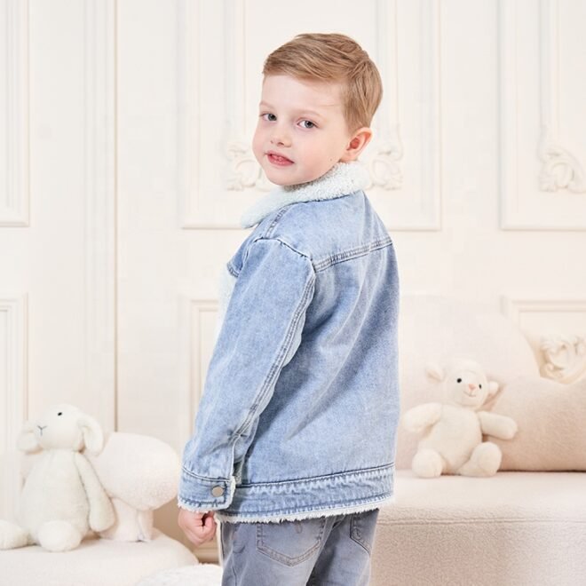 Winter Trend Warm Kids Comfortable LambsWool Outwear Blue Wash Denim Coats Boys Jacket - Image 4