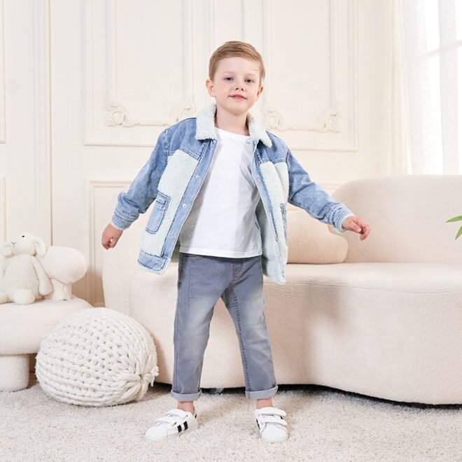 Winter Trend Warm Kids Comfortable LambsWool Outwear Blue Wash Denim Coats Boys Jacket - Image 5