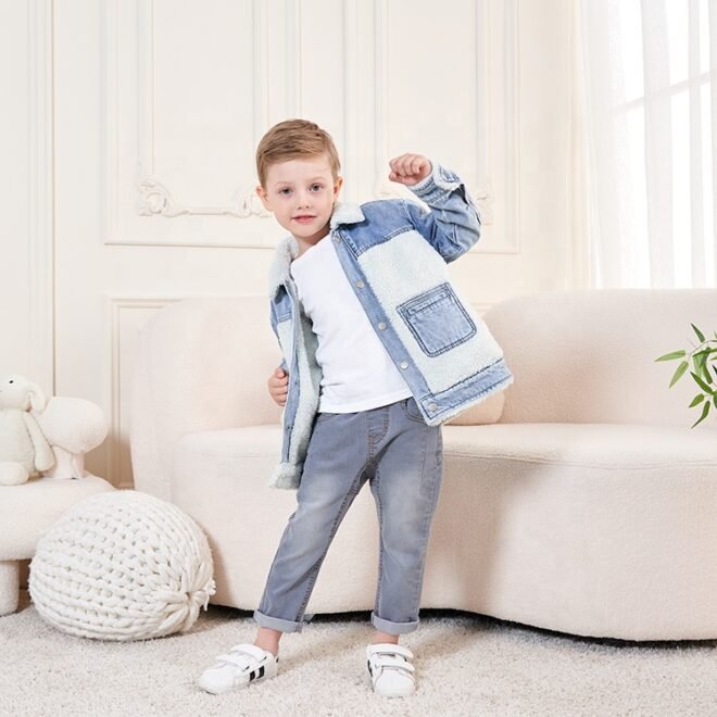 Winter Trend Warm Kids Comfortable LambsWool Outwear Blue Wash Denim Coats Boys Jacket - Image 6