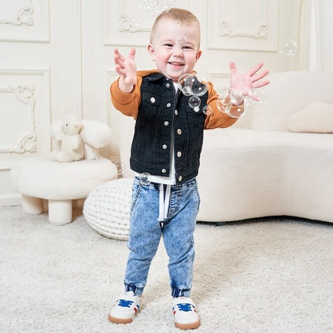 Custom Autumn Unisex Child Coat Casual Block Denim Jacket For Kids - Image 6