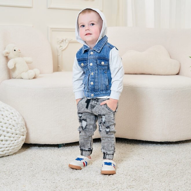 Factory Custom  Winter Blue Washed Denim Boys Jacket With Hooded - Image 2