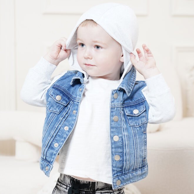 Factory Custom  Winter Blue Washed Denim Boys Jacket With Hooded - Image 4