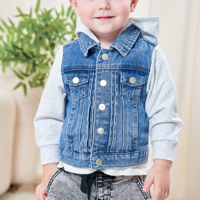 Factory Custom  Winter Blue Washed Denim Boys Jacket With Hooded - Image 5