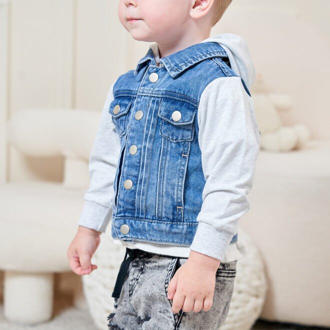 Factory Custom  Winter Blue Washed Denim Boys Jacket With Hooded - Image 7