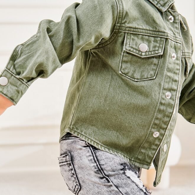 Factory Custom Unisex Denim Kids Outerwear Green Wash Soft Casual Latest Boys Denim Jacket - Image 3
