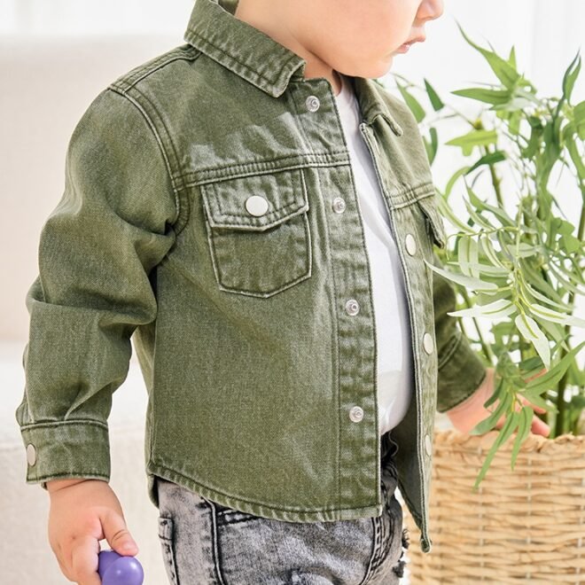 Factory Custom Unisex Denim Kids Outerwear Green Wash Soft Casual Latest Boys Denim Jacket - Image 4