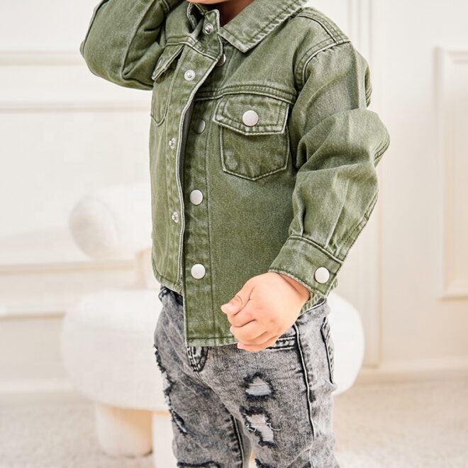 Factory Custom Unisex Denim Kids Outerwear Green Wash Soft Casual Latest Boys Denim Jacket - Image 5