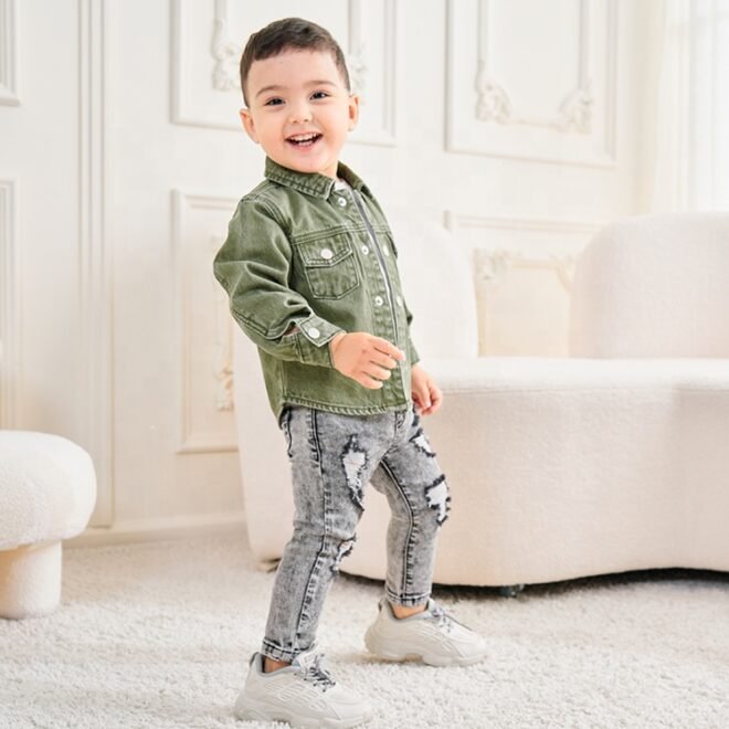 Factory Custom Unisex Denim Kids Outerwear Green Wash Soft Casual Latest Boys Denim Jacket - Image 6