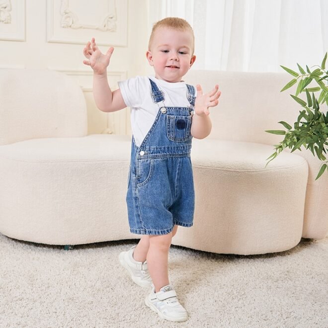 Factory Custom Soft Blue Wash Boys Denim Baby Overalls - Image 2