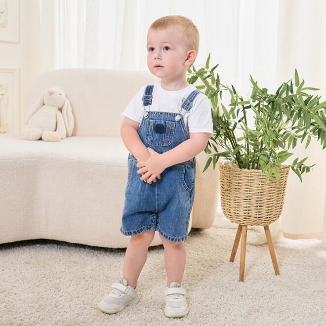 Factory Custom Soft Blue Wash Boys Denim Baby Overalls - Image 3