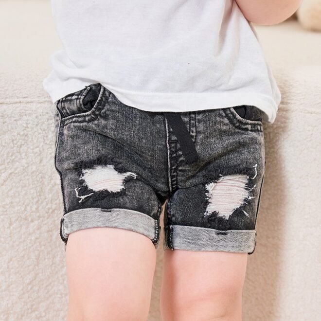 Customization Summer Unisex Elastic Ripped Design Kids Denim Shorts - Image 2