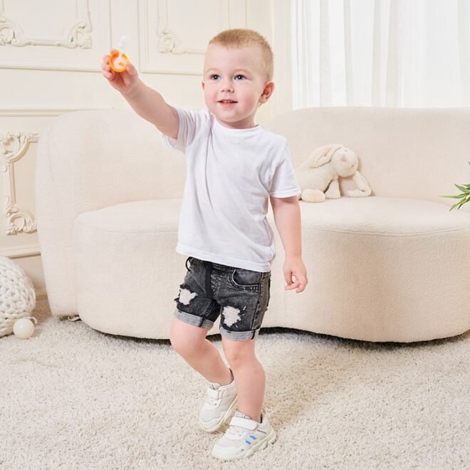 Customization Summer Unisex Elastic Ripped Design Kids Denim Shorts - Image 3