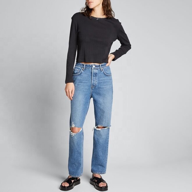 Custom Straight Long Trousers Women Denim Pant - Image 4