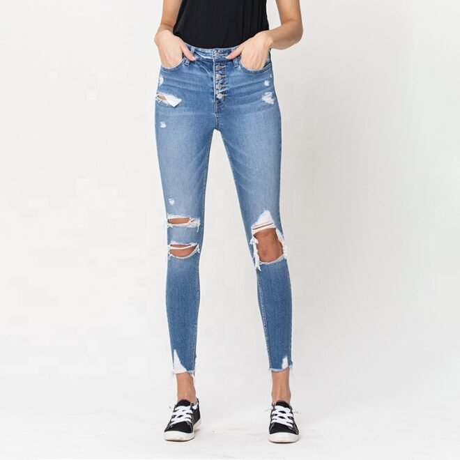 China Manufacture Custom Distressed Denim Women Jeans - Image 2