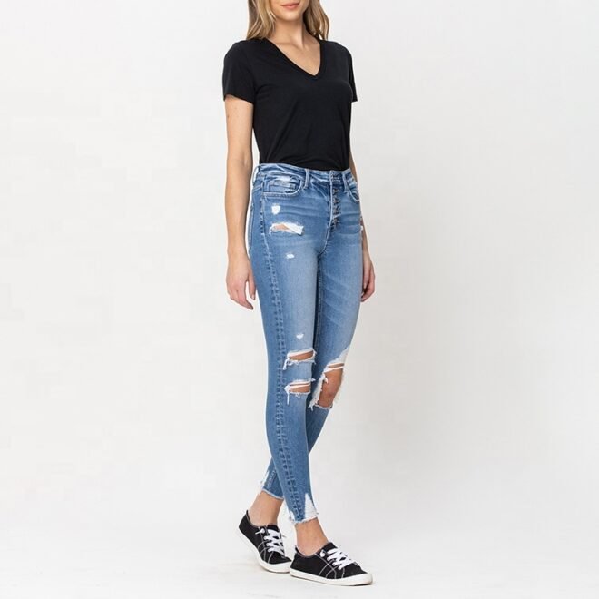 China Manufacture Custom Distressed Denim Women Jeans - Image 6