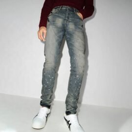 OEM mid waist slim fit spotted splash tapered denim pants men’s jeans