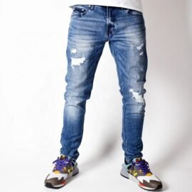 Custom Logo Blue Pantalones Distressed Trousers Denim Skinny Pants Men’s Ripped Jeans