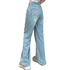 Women High Waist Blue Baggy Denim Jeans Bow Embroidery Straight Denim Pants For Ladies