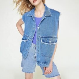 Custom Casual high quality jeans clothing Ladies blue Collared Denim Vest Sleeveless Denim Jackets For women