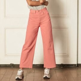 Custom Color Pink Women’ s Jeans Denim High Waist Women Jeans Wide Leg Pants Loose Straight Pants