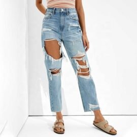 Custom Straight Ripped Highest Waist Denim Pants Destroyed Boyfriend Jeans For women