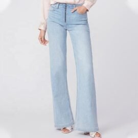 Custom vintage flare zip light blue denim pants for ladies high waist bell bottom women’s jeans