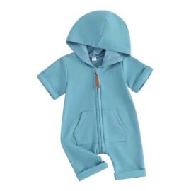 Hooded Summer Rolled Hem Outfits Custom Baby Tank Top Romper Hoodie Playsuit Children Sleeveless Henley Pocket Onesie