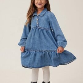 Explosive new products denim dress for girls puff long sleeve style girls dresses