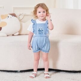 Custom Logo Denim Shorts For Girls Embroidery Soft Comfortable Cotton Denim Girls Jumpsuits