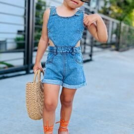 High quality solid color denim jumpsuit for girls summer soft breathable girls jumpsuit