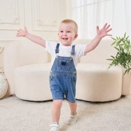 Factory Custom Spring Summer Soft Blue Wash Boys Girls Shorts Denim Baby Overalls