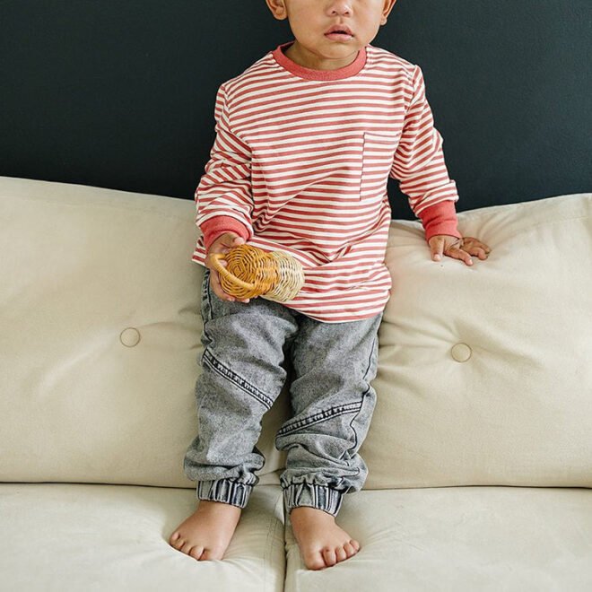 Long Sleeve Cotton Jersey Striped Pocket T-Shirt For Baby Boy Clothing