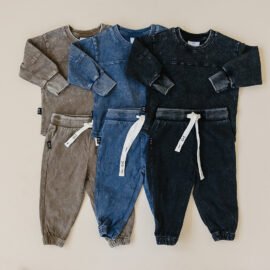 100% cotton soft comfortable french terry acid wash children clothing unisex set kids top and pant with drawstring