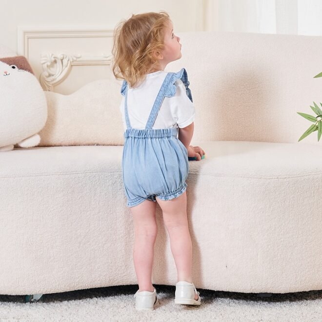 Custom Embroidery Logo Soft Comfortable Cotton Denim Girls Jumpsuits - Image 2