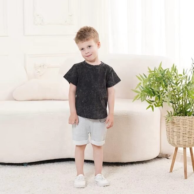 Customization Cotton Breathable Acid Wash Design Boys T-Shirts - Image 2