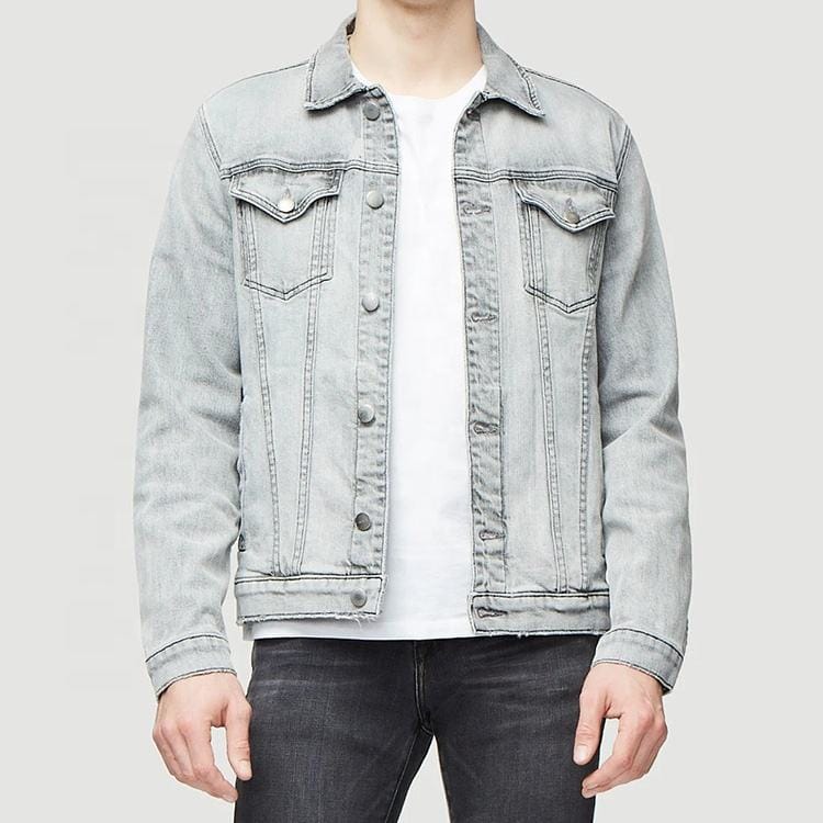 Custom embroidered logo vintage mens denim jacket slim fit autumn outerwear front view