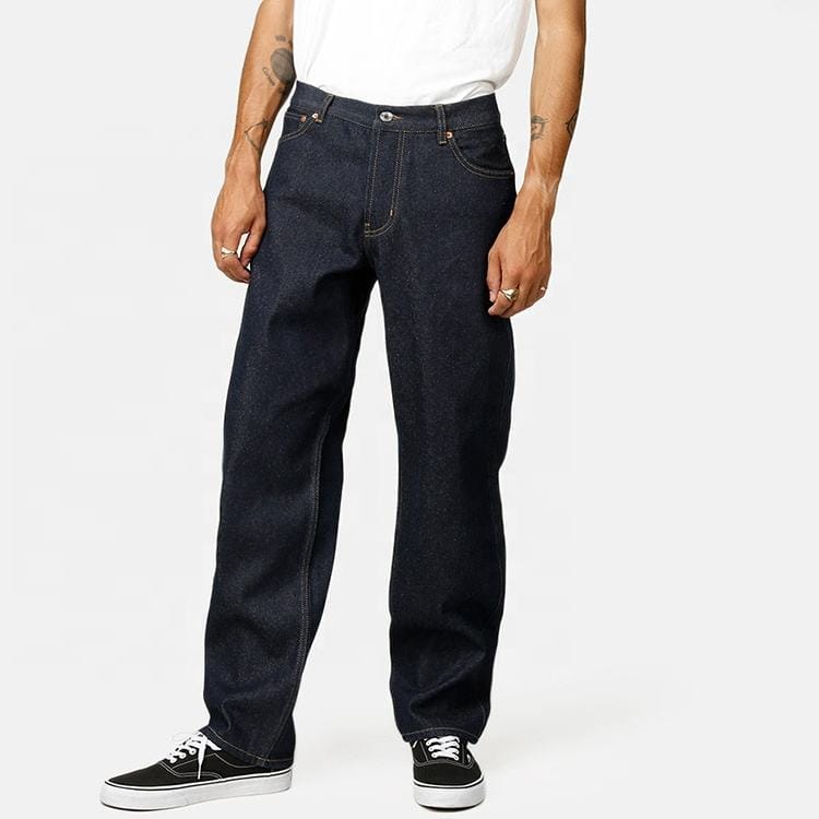 Front view of custom men's raw selvedge denim jeans showing straight slim fit and dark unwashed indigo color