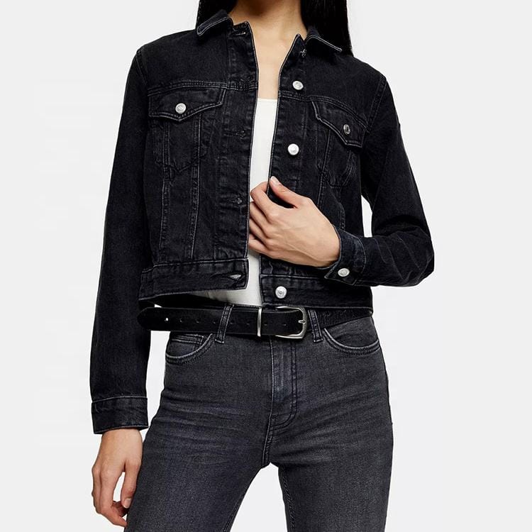 Custom women's cropped black denim jacket long sleeve front view