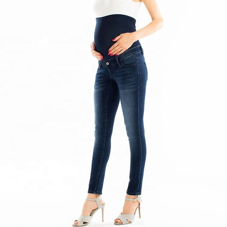 Custom blue denim maternity jeans with elastic adjustable waist support band