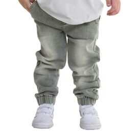 New Casual Green Washed Cotton Kids Denim Jogger Pants Plus Size Breathable Kids Jeans