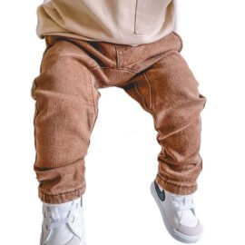 High Quality Vintage Stretch 100% Cotton Kids Denim Pants Brown Trousers With Pocket Baby Jeans