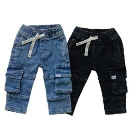 soft and durable baggy fit Kids jean cargo pockets jean pants with drawstring