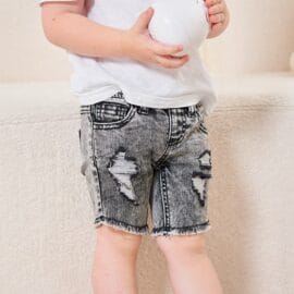 Custom Boys Denim Shorts Grey Wash Ripped Tassel Design Elastic Waist Vintage Baby Shorts