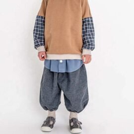 Custom baggy spring pants for kids children’s fashion pure cotton casual pants baby fake two comfortable trousers